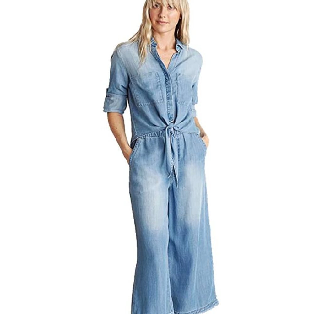 Bella Dahl Tie Front Pocket Button Down Ombre Denim Shirt Sz Small NWT